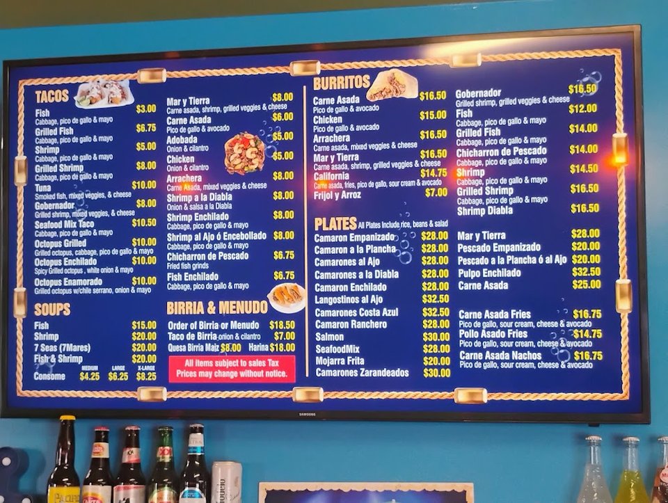Menu page with clamatos and tostadas