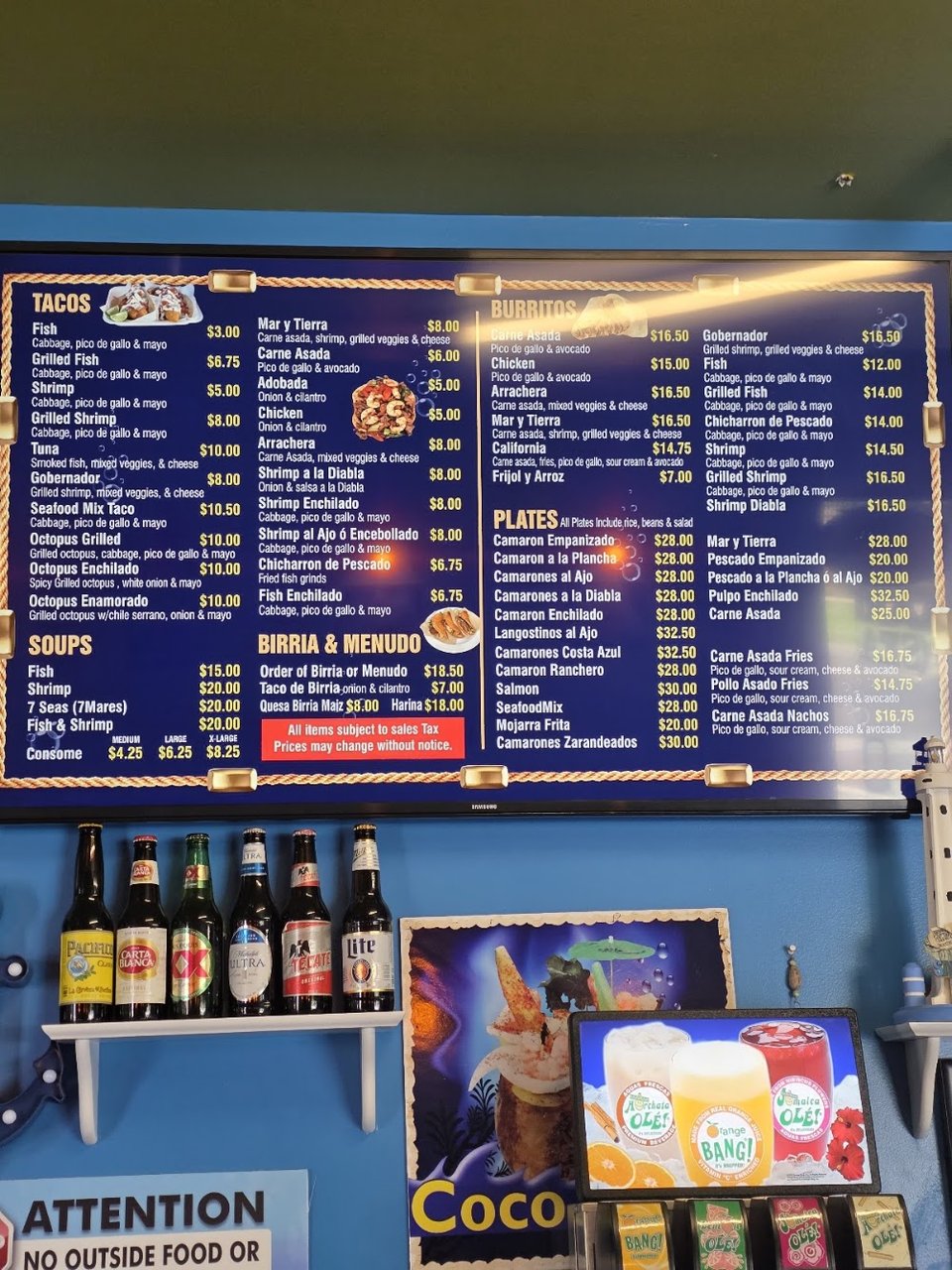 Seafood menu featuring drinks and ceviche